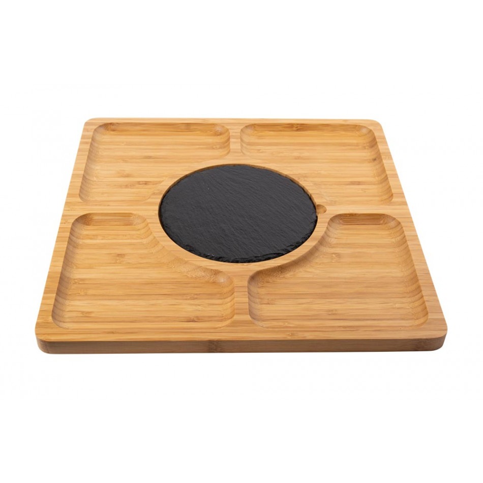 Bamboo serving plate with stone insert, 33x33cm
