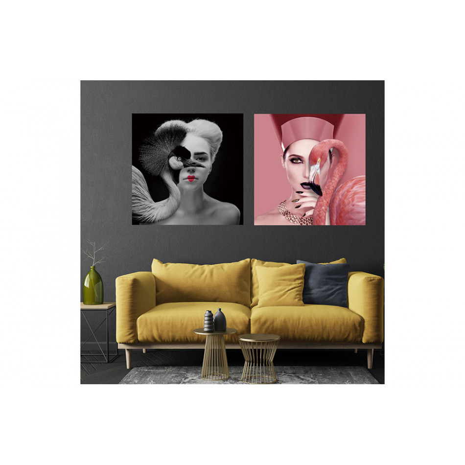 Wall Glass Art Woman and flamingo, 110x110cm