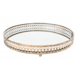 Tray with mirror L, metal, antique gold colour, D28x4cm