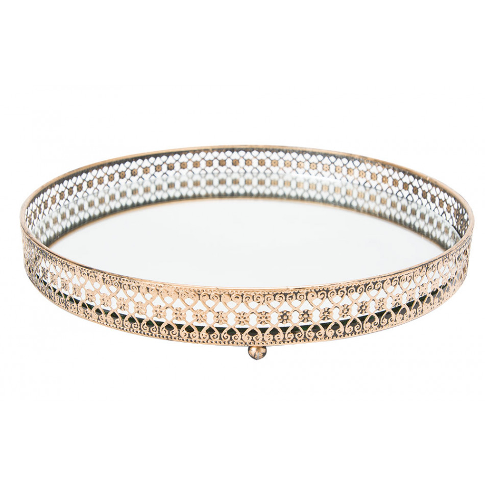 Tray with mirror L, metal, antique gold colour, D28x4cm