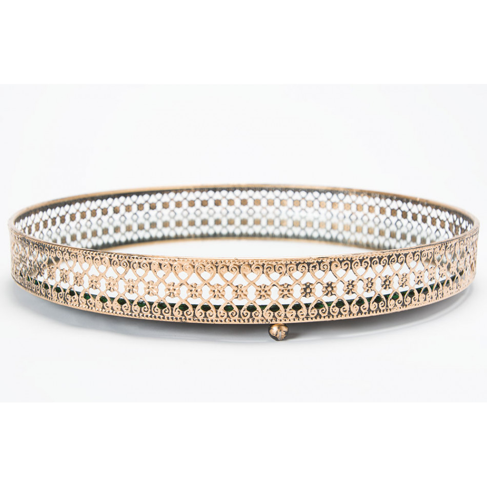 Tray with mirror L, metal, antique gold colour, D28x4cm