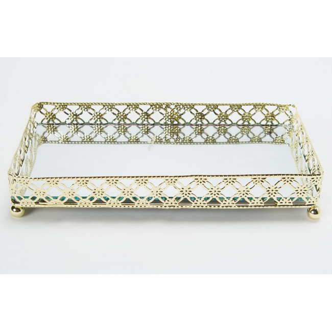 Tray with mirror, metal, gold colour, 20x10x4cm