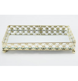 Tray with mirror, metal, gold colour, 20x10x4cm