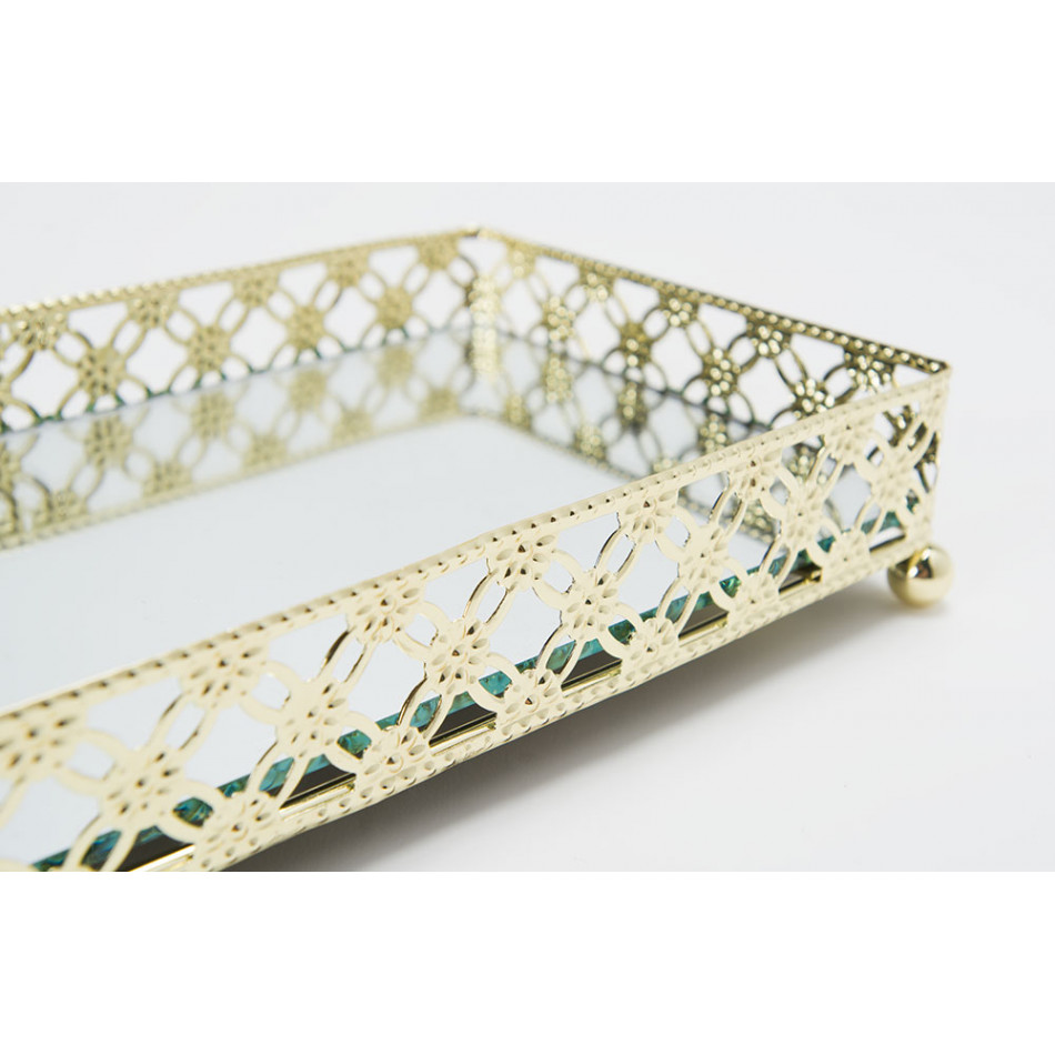Tray with mirror, metal, gold colour, 20x10x4cm