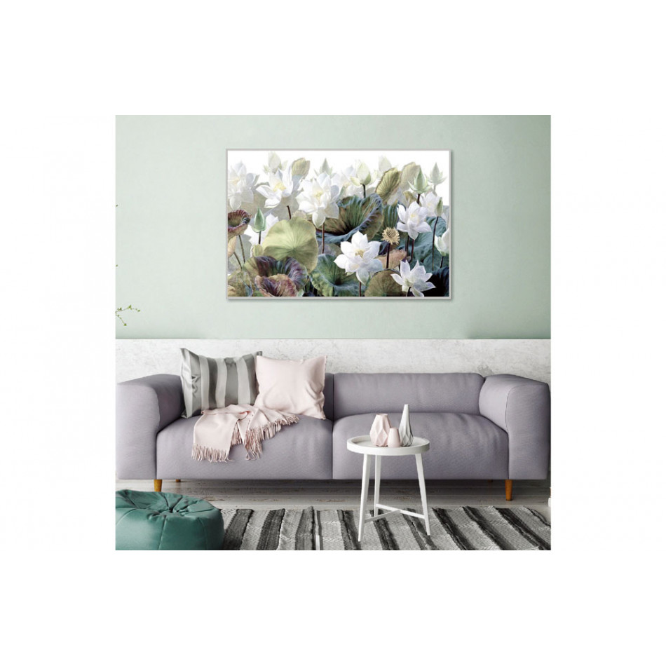 Wall Glass Art  Flowers in white, 80x120x3.5cm