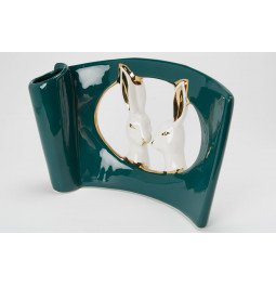 Decor Two rabbits, green/ white/gold, 25x9x16.5cm