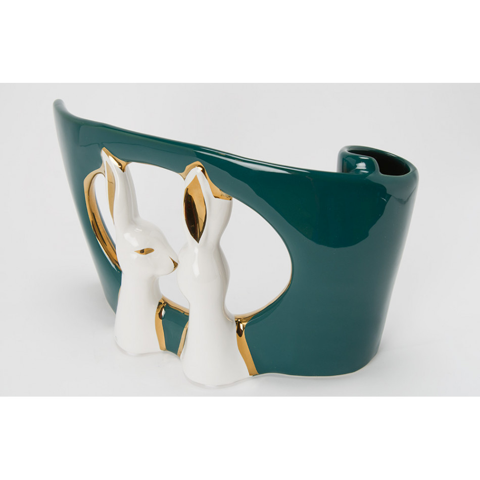 Decor Two rabbits, green/ white/gold, 25x9x16.5cm