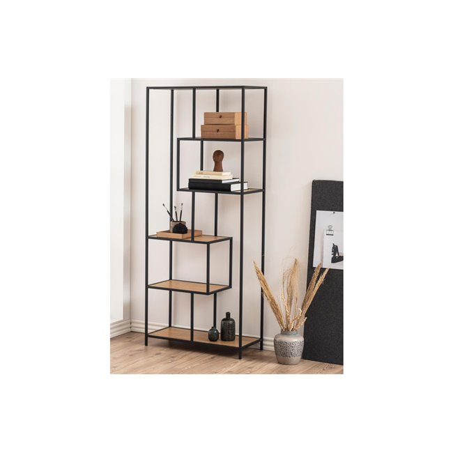 Bookcase Seaford x5, oak/black frame, 77x35x185cm