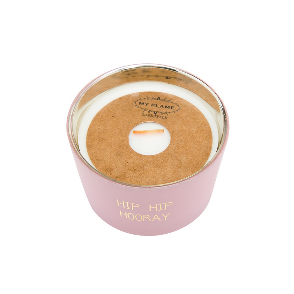 Scented soy candle in glass jar Hip hip hooray, pink, 25 h, D7.5x5cm